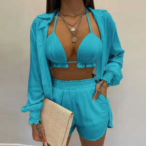 MOMENTLOVER New Cross-border  2025 women's clothing sexy three-piece set,  autumn beach fashion shorts set