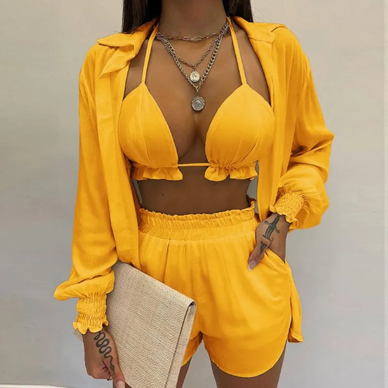 MOMENTLOVER New Cross-border  2025 women's clothing sexy three-piece set,  autumn beach fashion shorts set