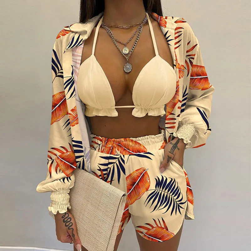 MOMENTLOVER New Cross-border  2025 women's clothing sexy three-piece set,  autumn beach fashion shorts set