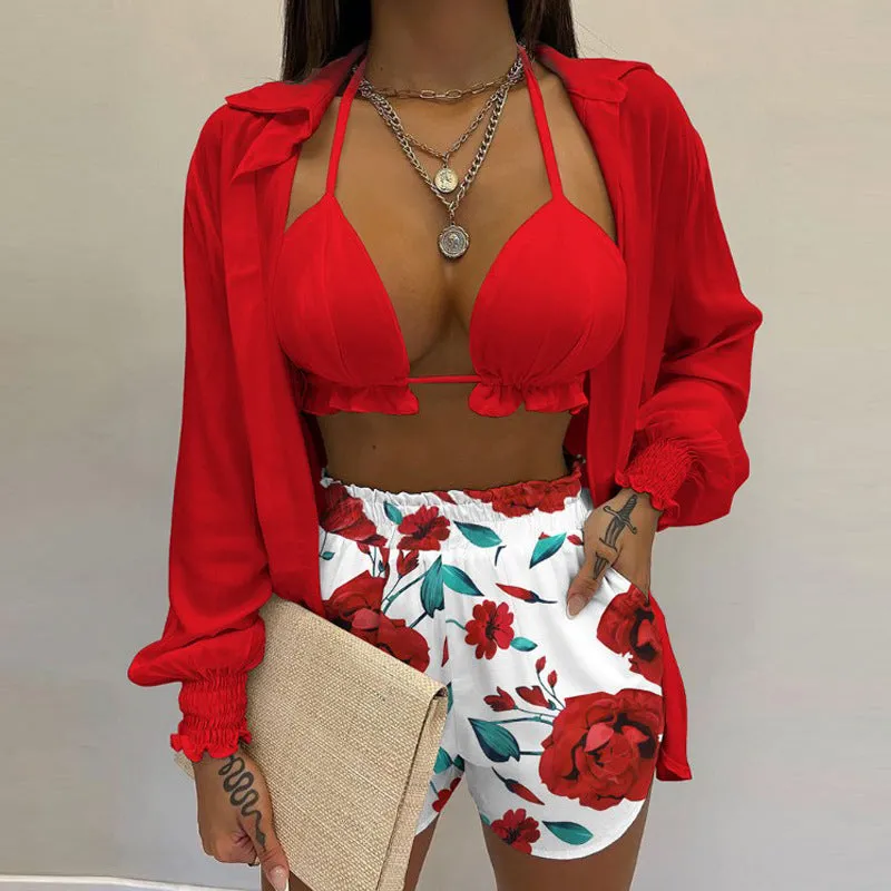 MOMENTLOVER New Cross-border  2025 women's clothing sexy three-piece set,  autumn beach fashion shorts set