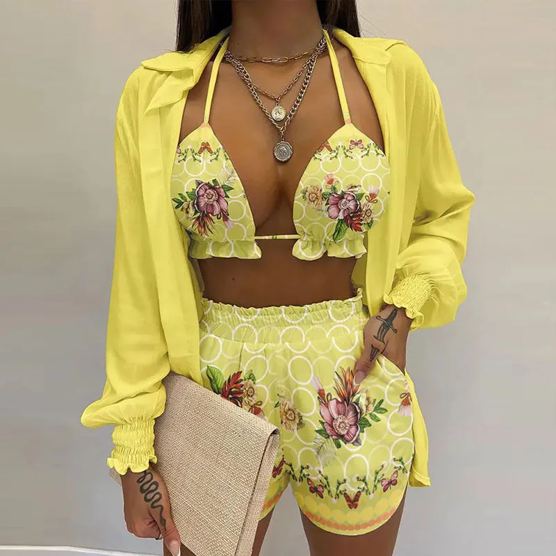 MOMENTLOVER New Cross-border  2025 women's clothing sexy three-piece set,  autumn beach fashion shorts set