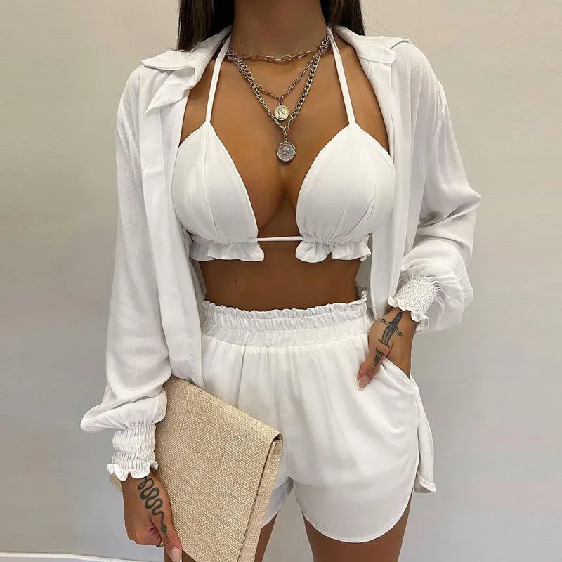 MOMENTLOVER New Cross-border  2025 women's clothing sexy three-piece set,  autumn beach fashion shorts set