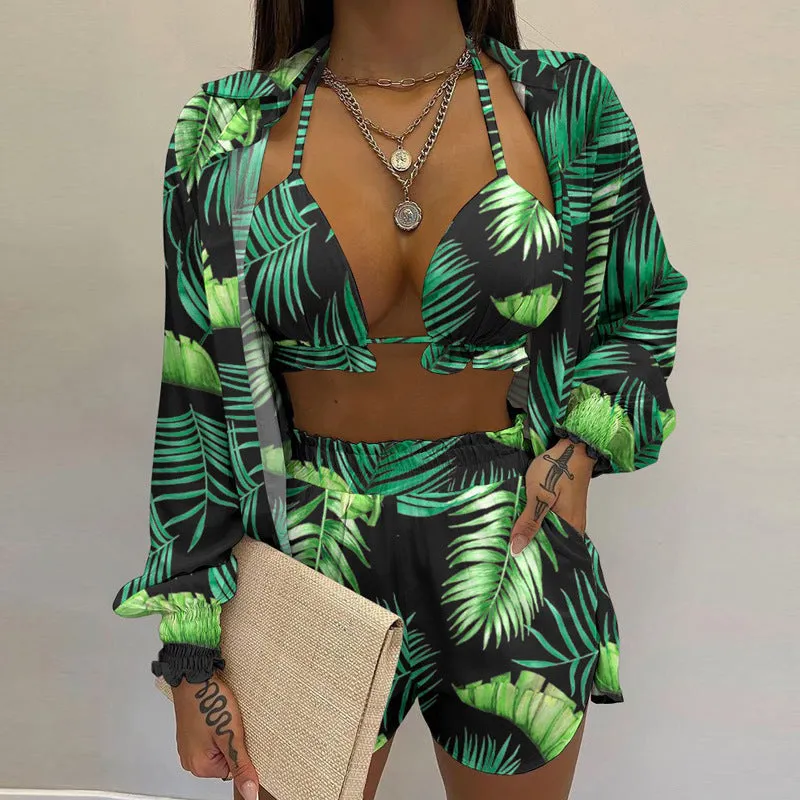 MOMENTLOVER New Cross-border  2025 women's clothing sexy three-piece set,  autumn beach fashion shorts set