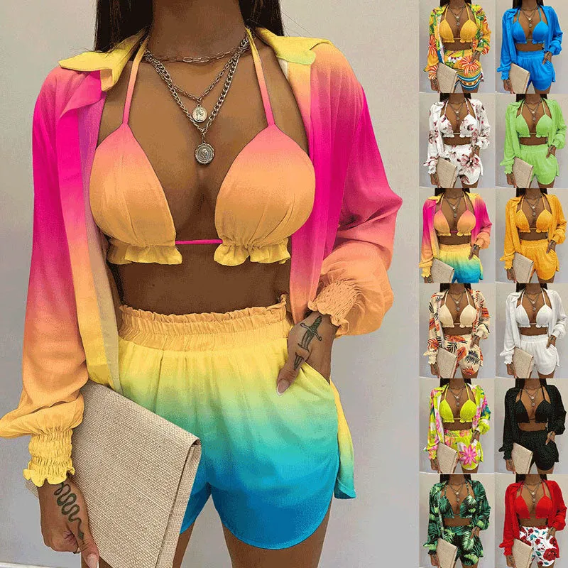 MOMENTLOVER New Cross-border  2025 women's clothing sexy three-piece set,  autumn beach fashion shorts set