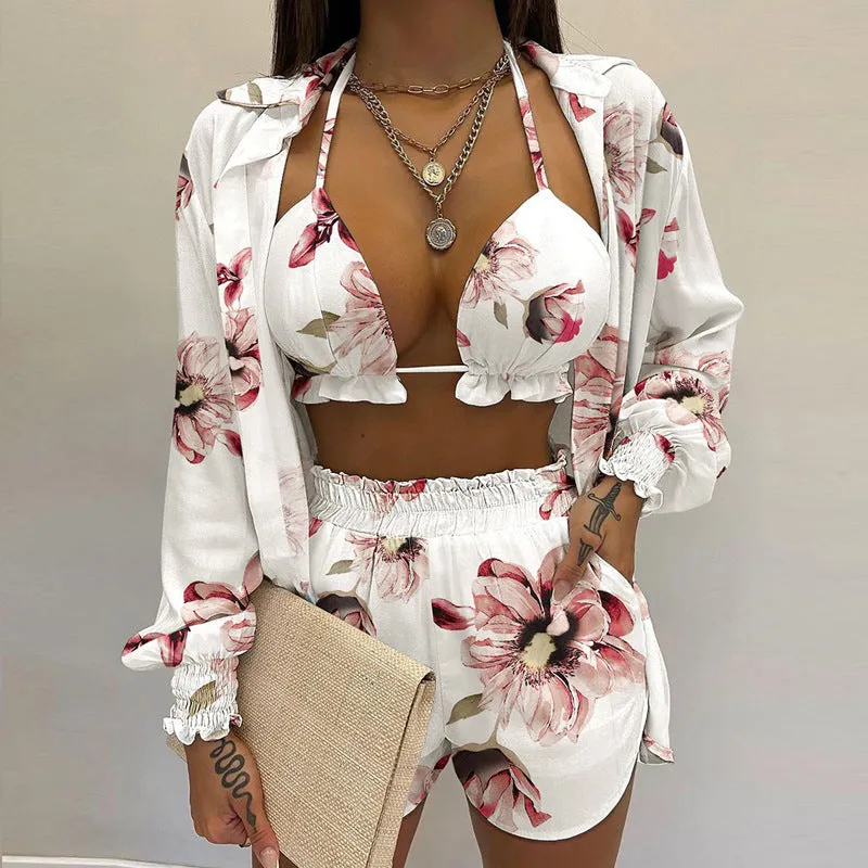 MOMENTLOVER New Cross-border  2025 women's clothing sexy three-piece set,  autumn beach fashion shorts set