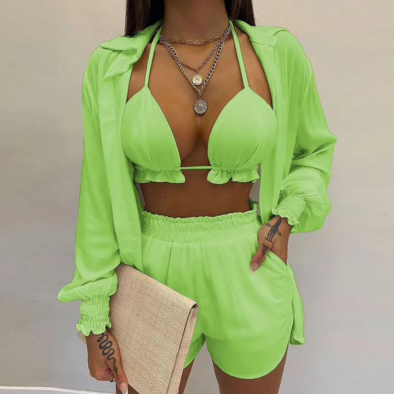 MOMENTLOVER New Cross-border  2025 women's clothing sexy three-piece set,  autumn beach fashion shorts set