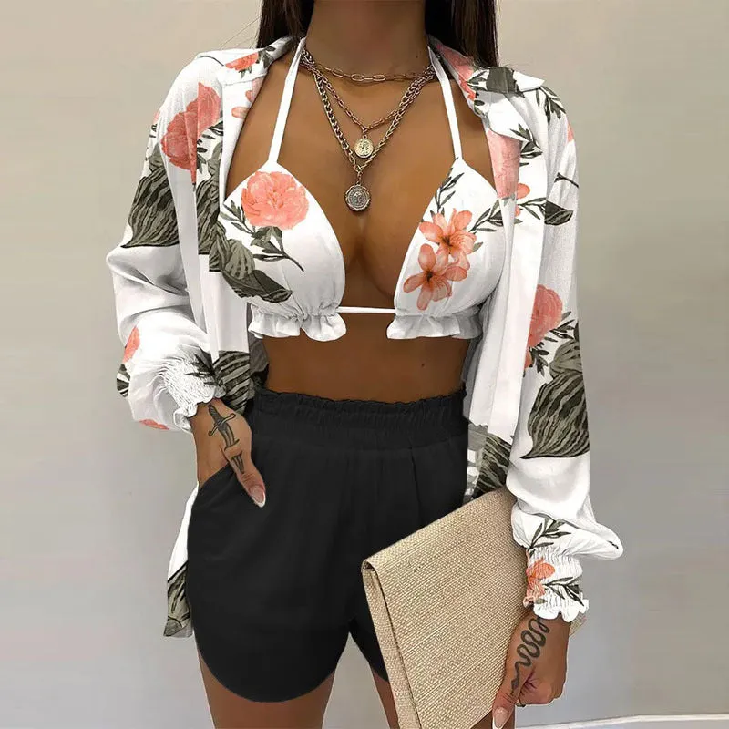 MOMENTLOVER New Cross-border  2025 women's clothing sexy three-piece set,  autumn beach fashion shorts set