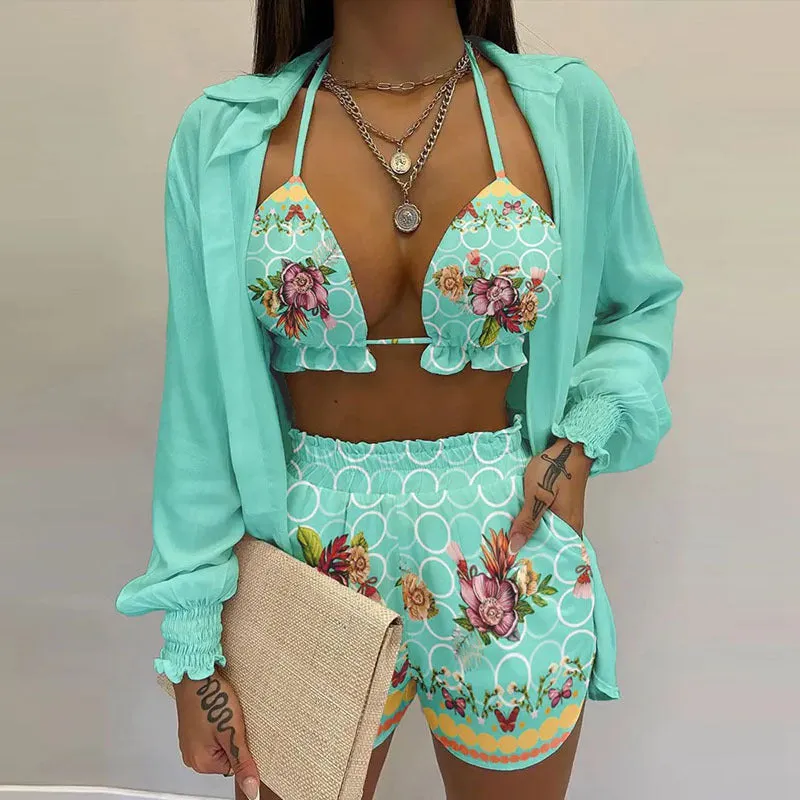 MOMENTLOVER New Cross-border  2025 women's clothing sexy three-piece set,  autumn beach fashion shorts set