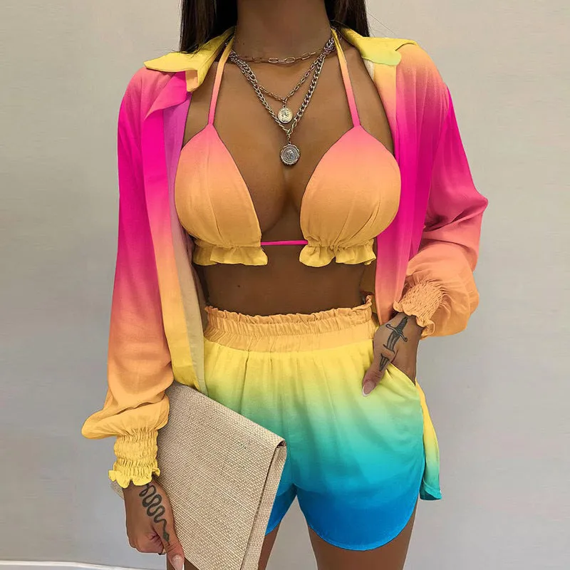 MOMENTLOVER New Cross-border  2025 women's clothing sexy three-piece set,  autumn beach fashion shorts set