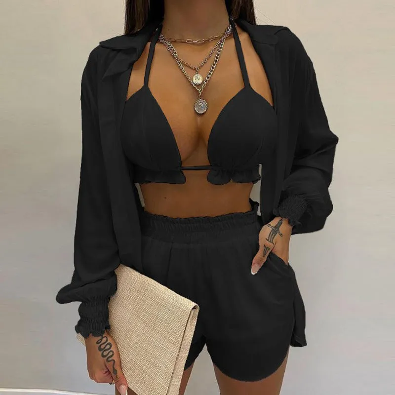 MOMENTLOVER New Cross-border  2025 women's clothing sexy three-piece set,  autumn beach fashion shorts set