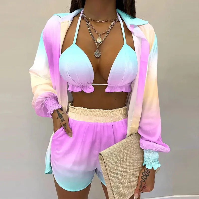 MOMENTLOVER New Cross-border  2025 women's clothing sexy three-piece set,  autumn beach fashion shorts set