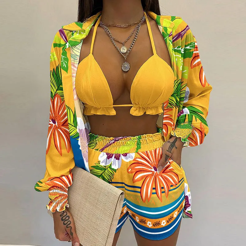 MOMENTLOVER New Cross-border  2025 women's clothing sexy three-piece set,  autumn beach fashion shorts set