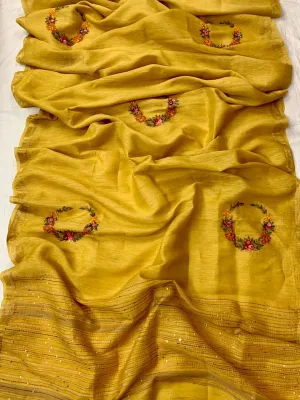Mustard Pure Linen Embroidred Saree