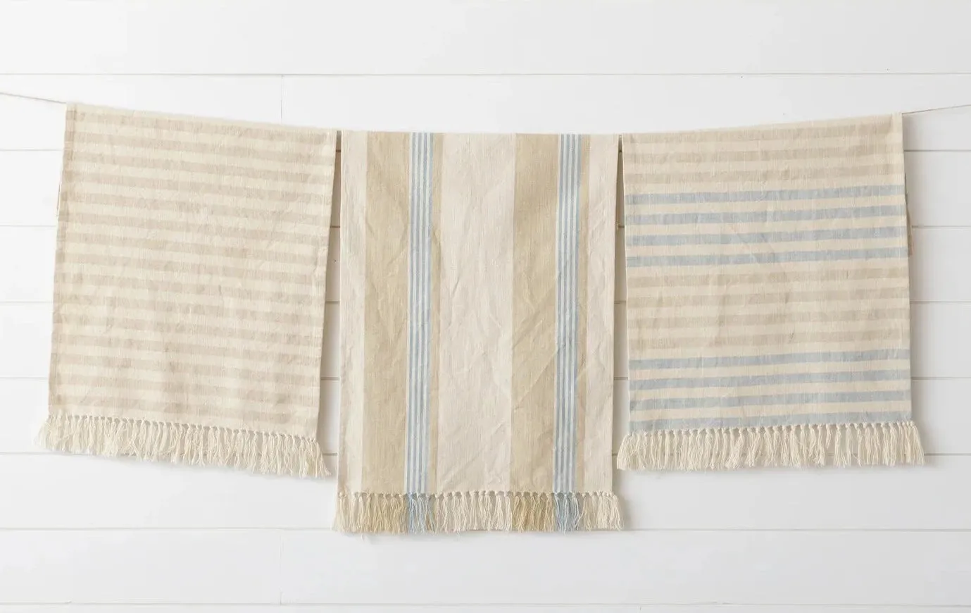 Natural and Blue Striped Tea Towels with Tassels