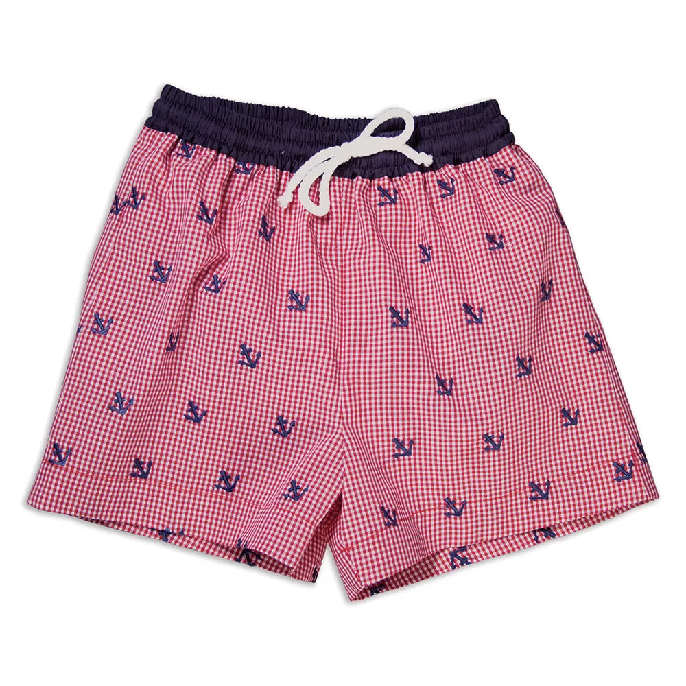 Navy Anchors Red Gingham Embroidered Boy Swim Shorts