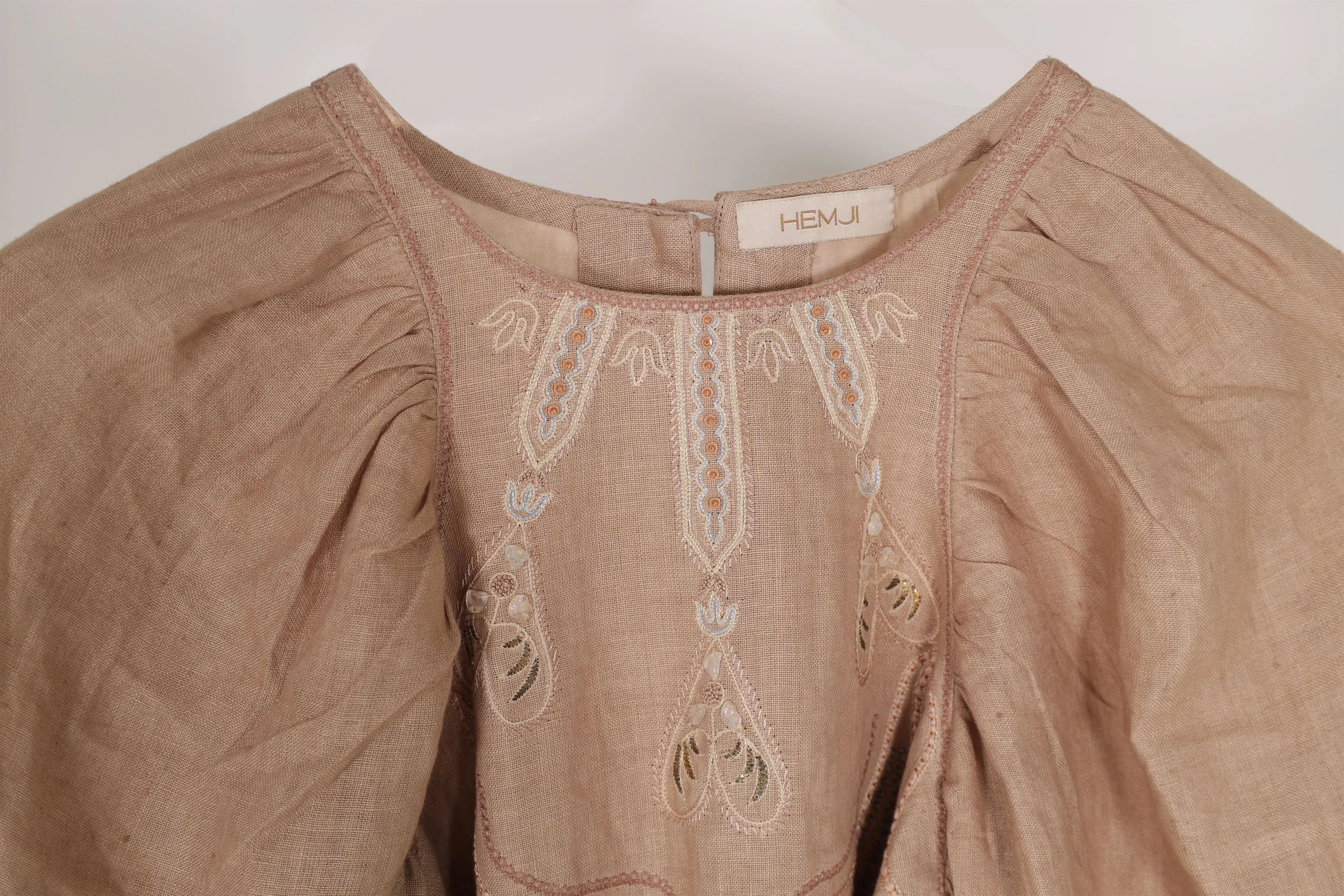 New Season Summer to Fall 2024-Dress Racer Embroidered Linen Beige-BG/L/052-Suzanne-Fashion Edit Hemji