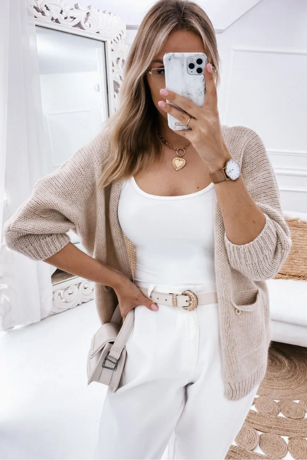 Parchment 3/4 Sleeve Pocketed Open Front Knitted Cardigan