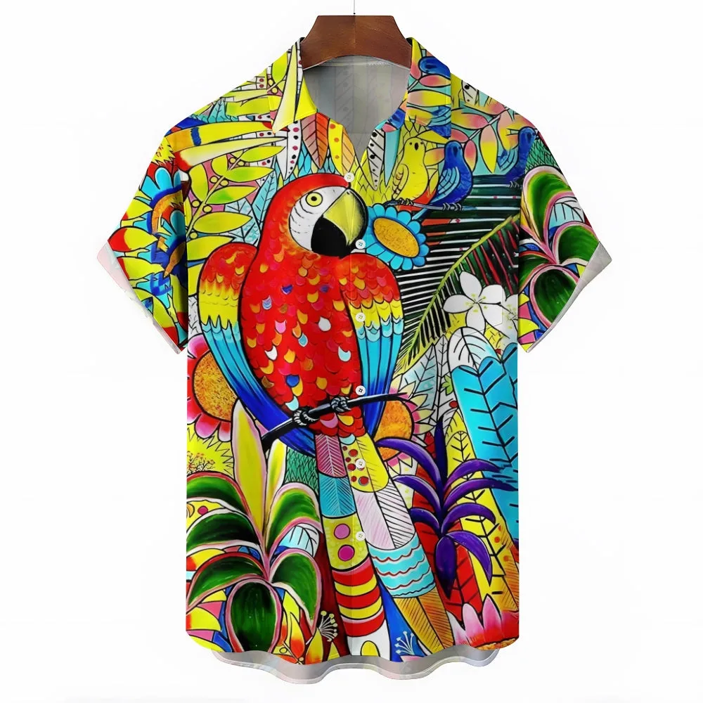 Parrot Art Print Casual Short Sleeve Shirt 2411000296