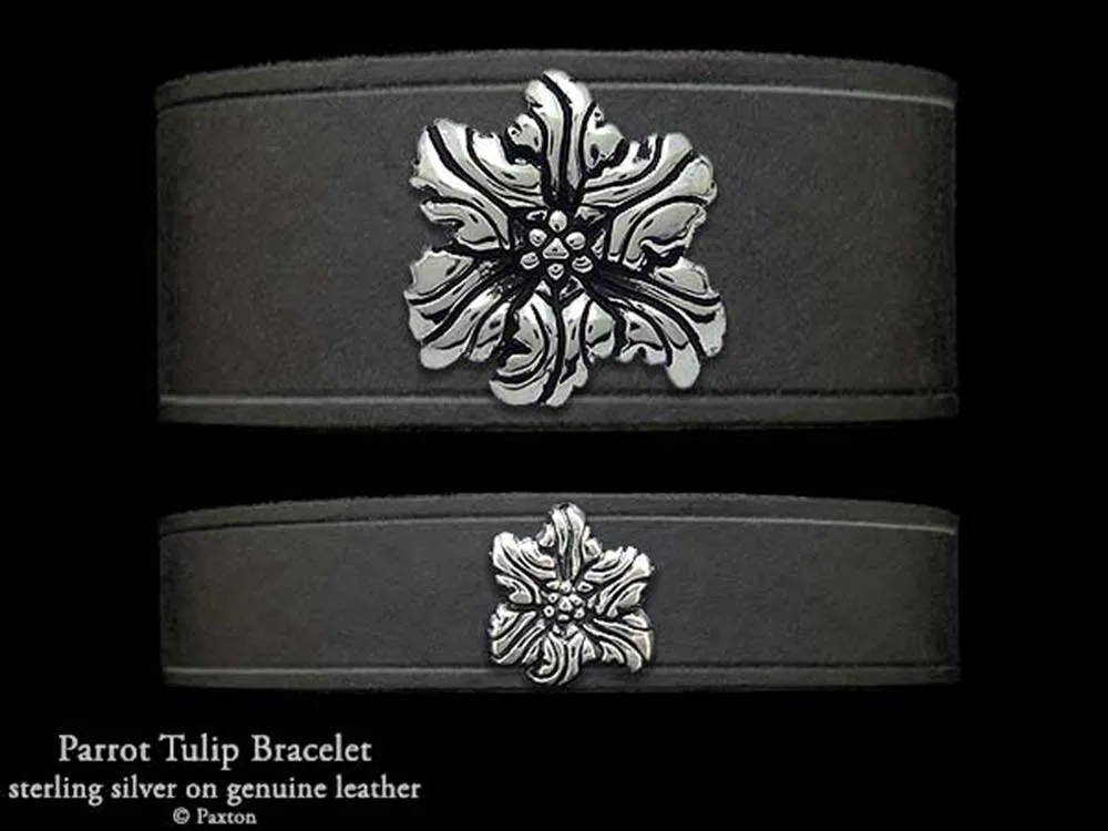 Parrot Tulip Flower Bracelet Sterling Silver on Genuine Leather