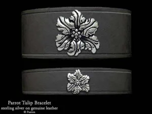 Parrot Tulip Flower Bracelet Sterling Silver on Genuine Leather