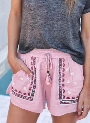 Pink Boho Embroidered Floral Tasseled Drawstring Waist Casual Shorts