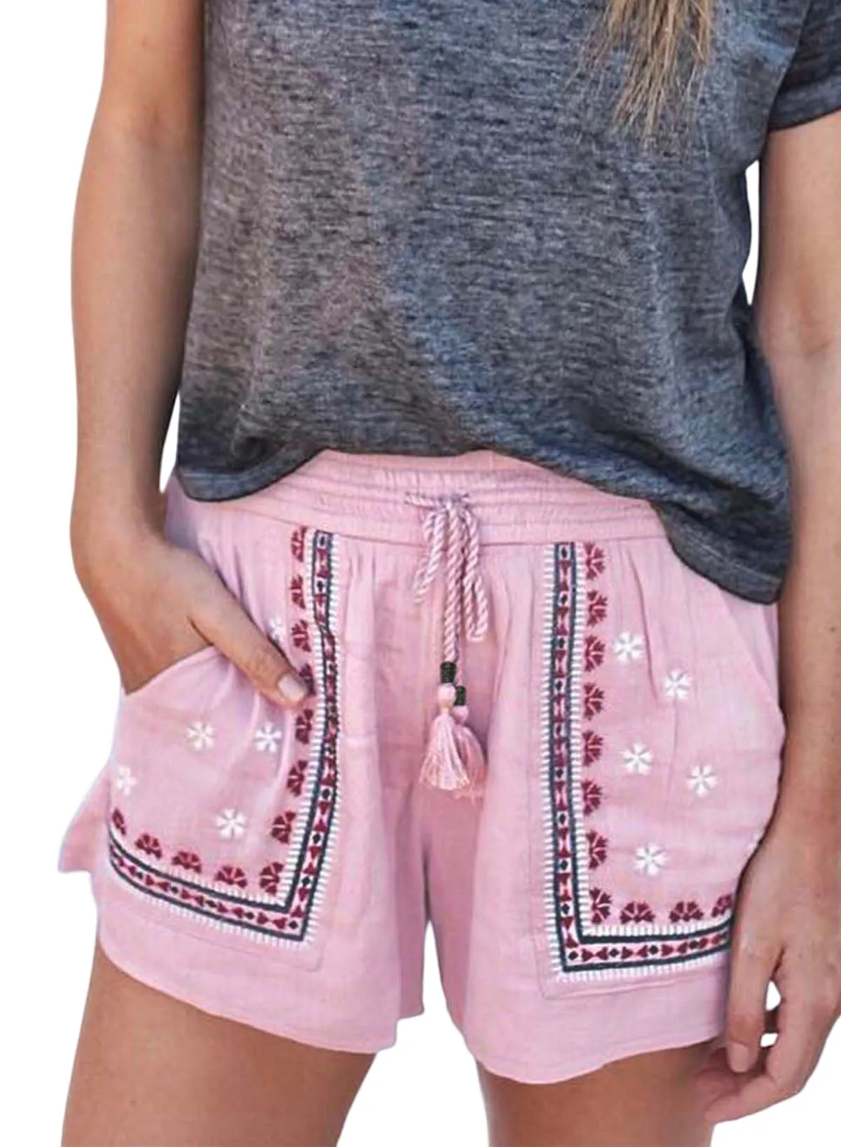Pink Boho Embroidered Floral Tasseled Drawstring Waist Casual Shorts