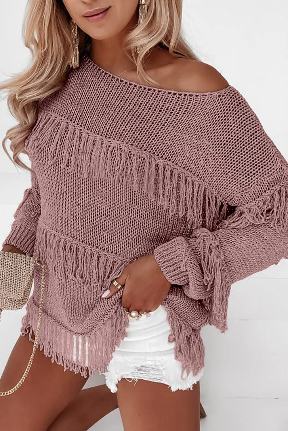 Pink Boho Tasseled Knitted Sweater