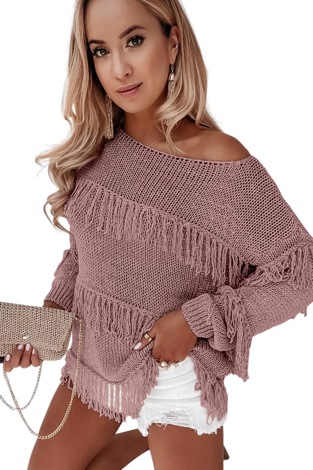 Pink Boho Tasseled Knitted Sweater