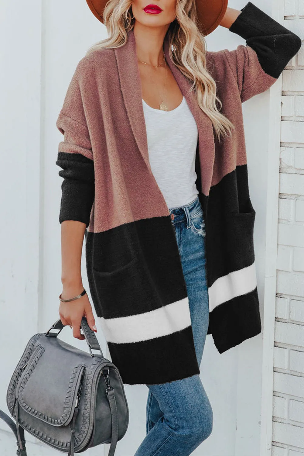 Pink Brown Gingerbread Latte Colorblock Pocketed Cardigan