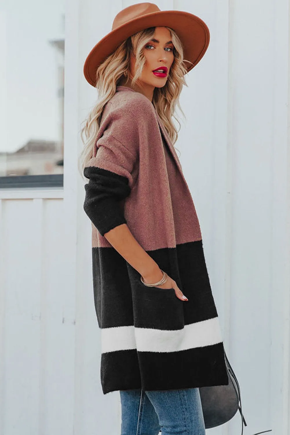 Pink Brown Gingerbread Latte Colorblock Pocketed Cardigan