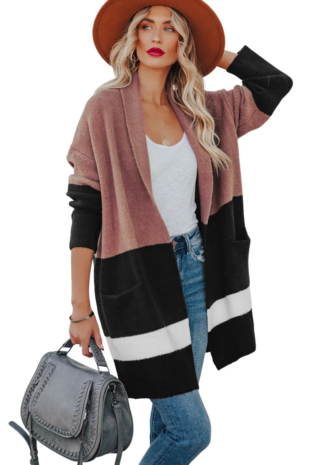 Pink Brown Gingerbread Latte Colorblock Pocketed Cardigan