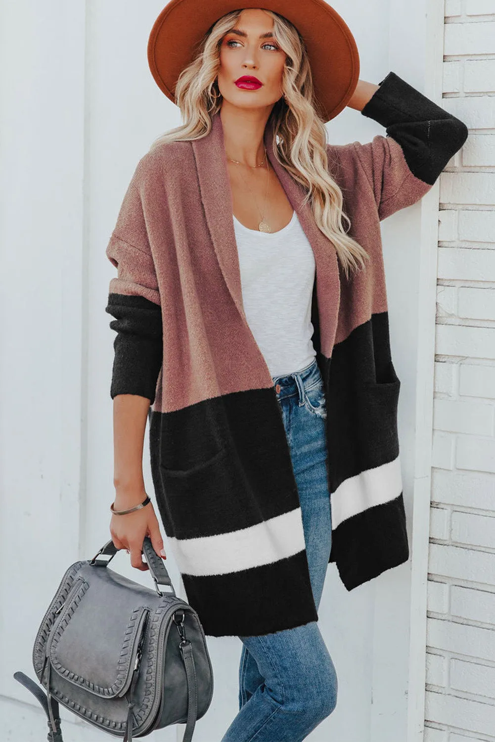 Pink Brown Gingerbread Latte Colorblock Pocketed Cardigan