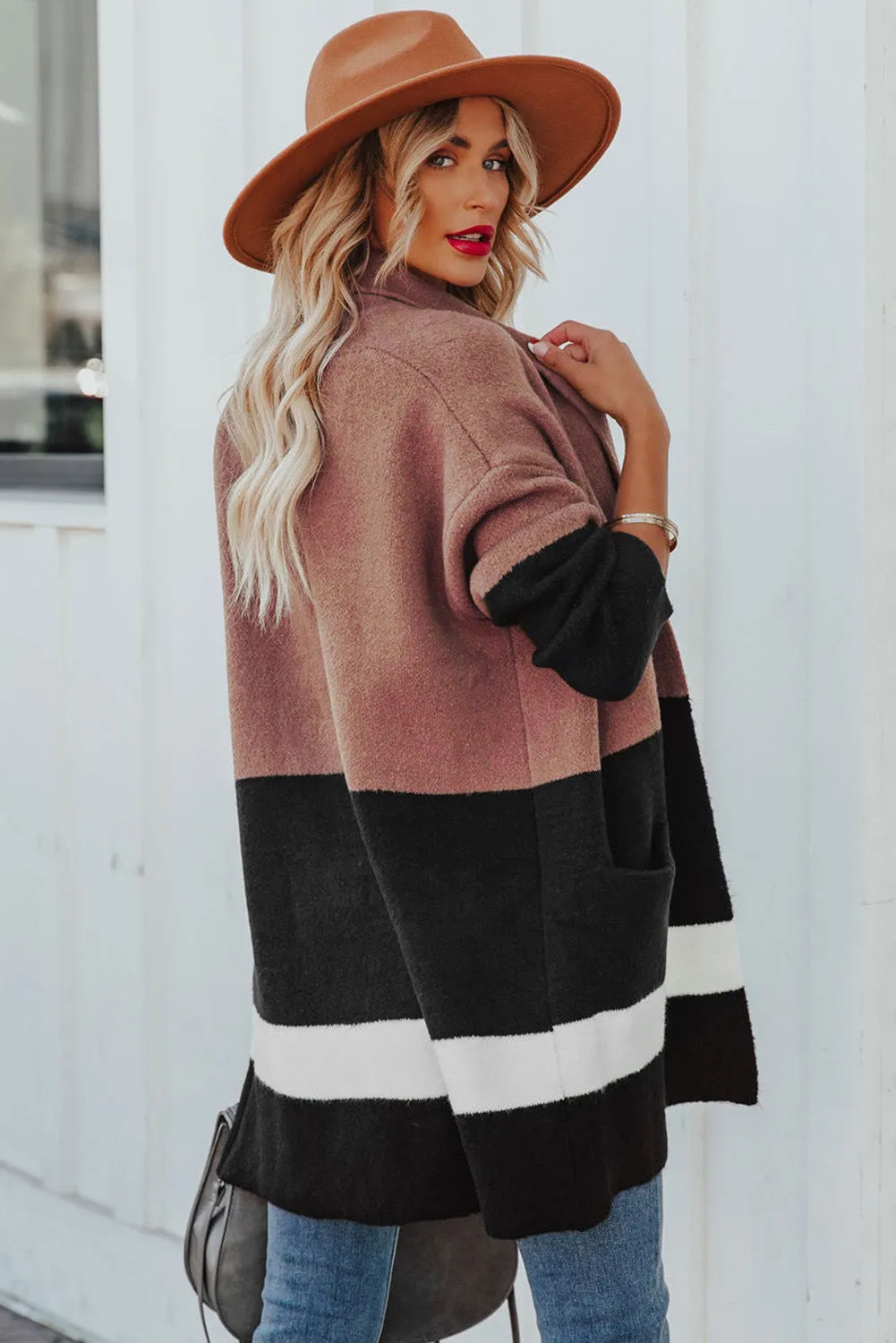 Pink Brown Gingerbread Latte Colorblock Pocketed Cardigan