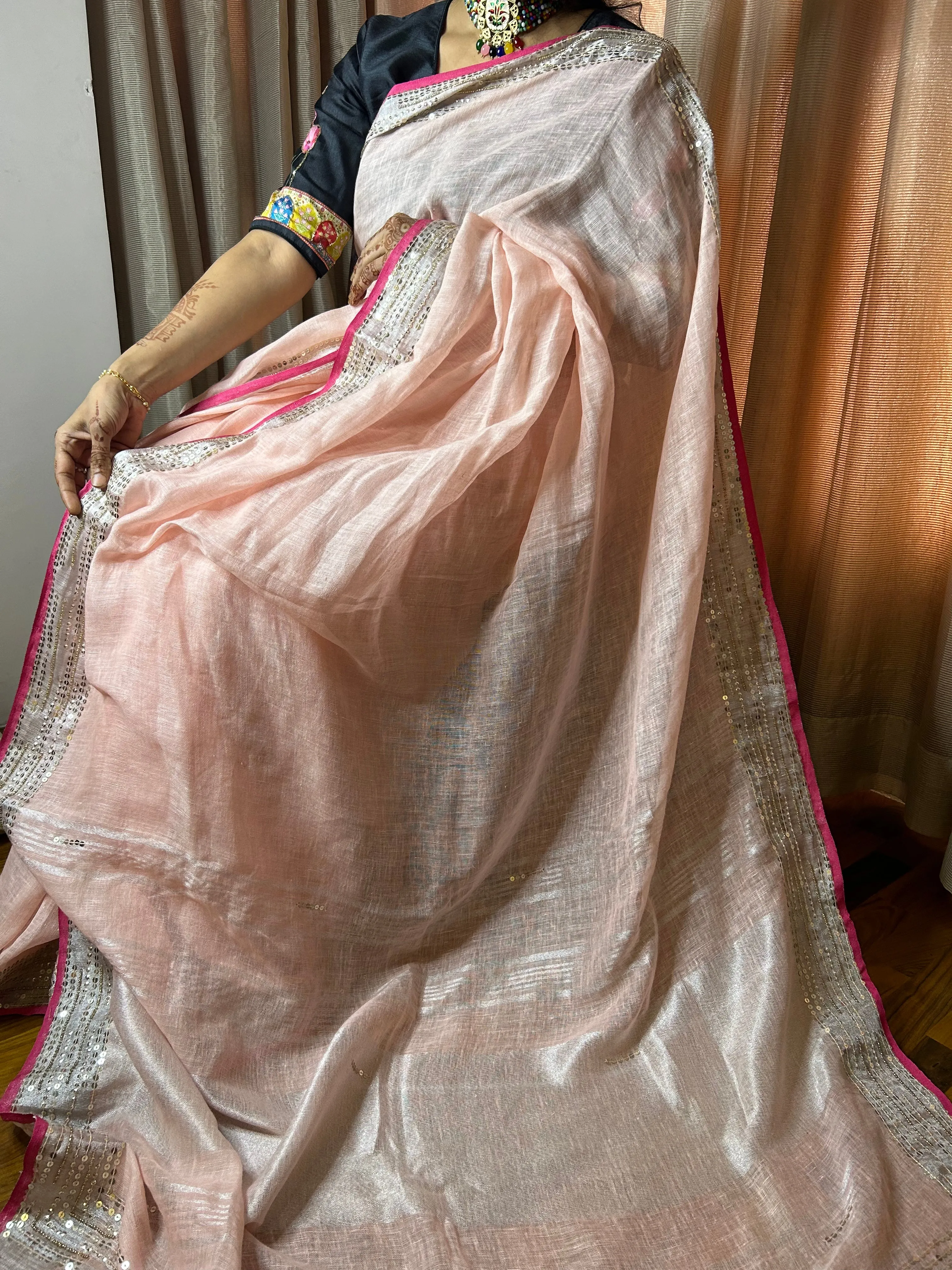 Pink Linen Embroidred Saree