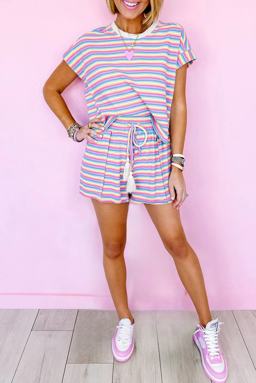 Pink Stripe Crew Neck Tee and Tasseled Drawstring Shorts Set