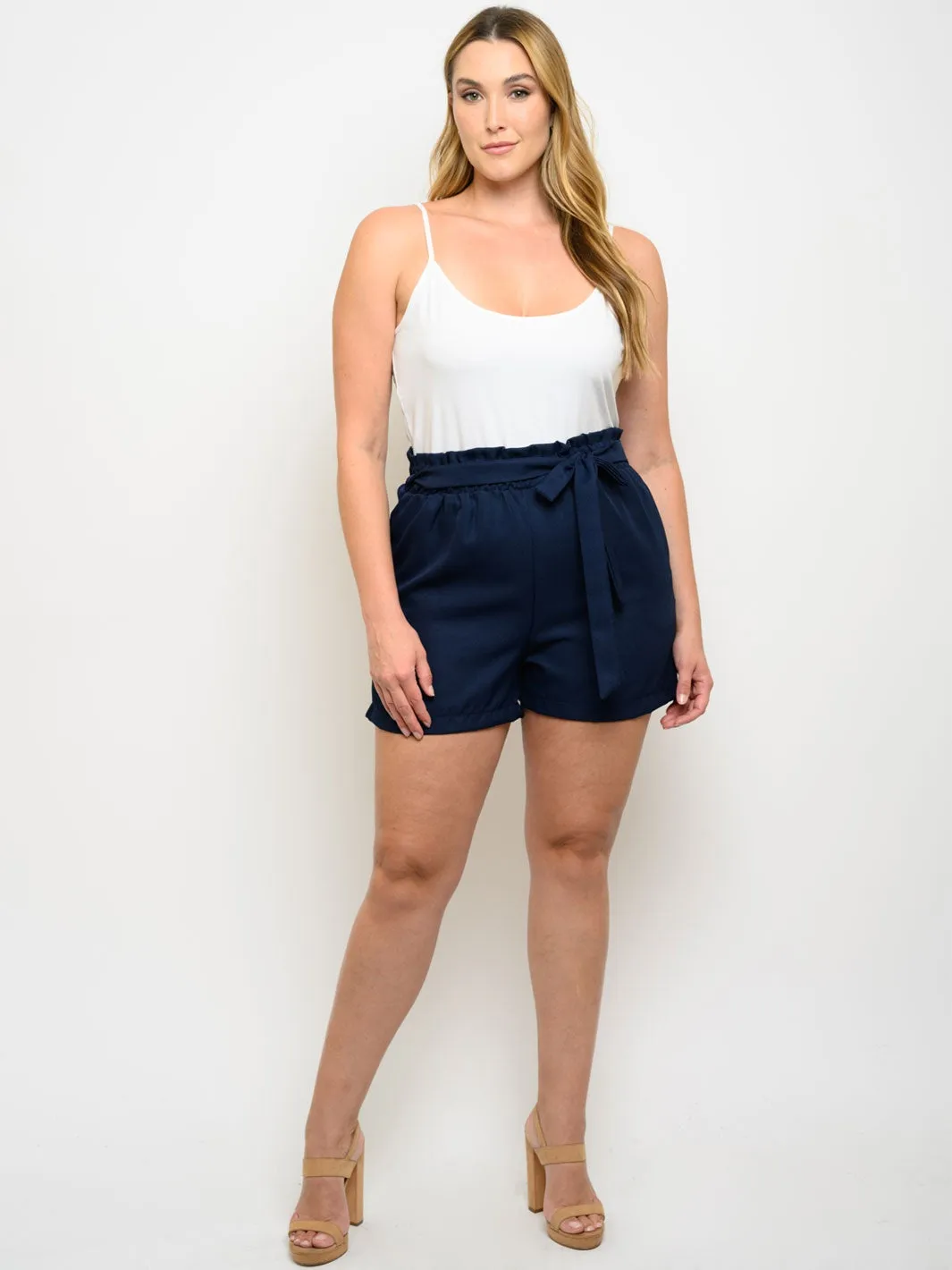PLUS SIZE ELASTIC WAIST SELF TIE FRONT POCKETS MINI SHORTS