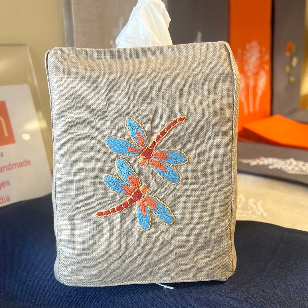 "Botanicals" Tissue Box Cover, hand embroidered linen