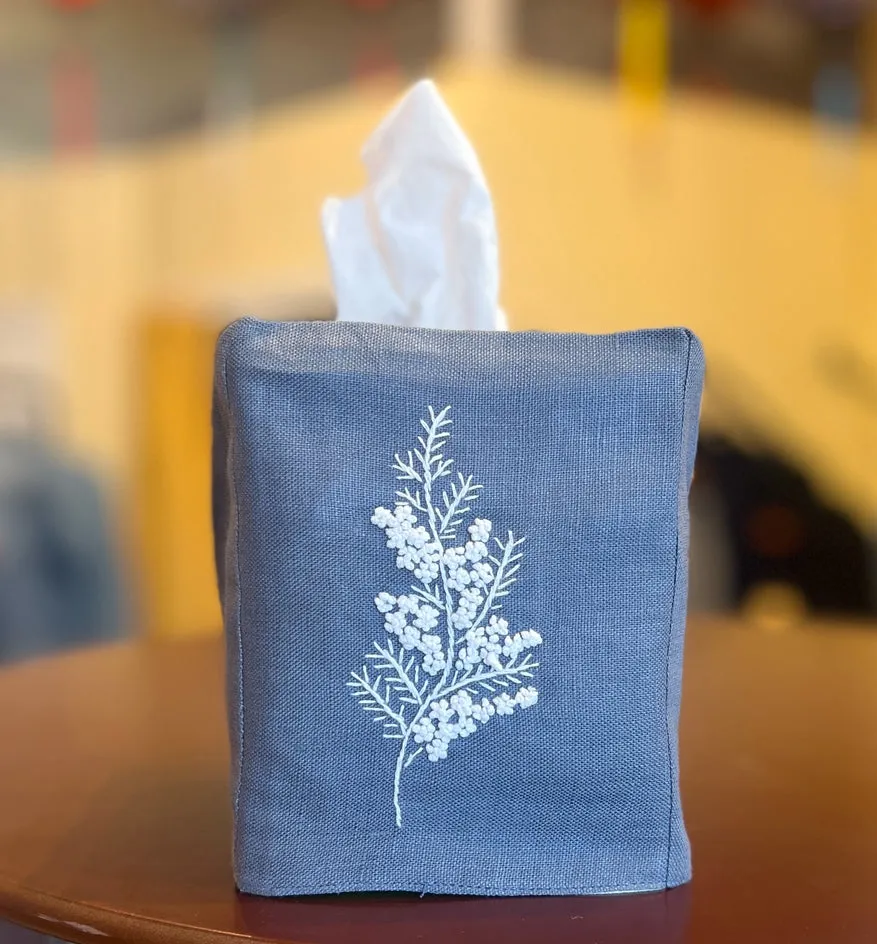 "Botanicals" Tissue Box Cover, hand embroidered linen
