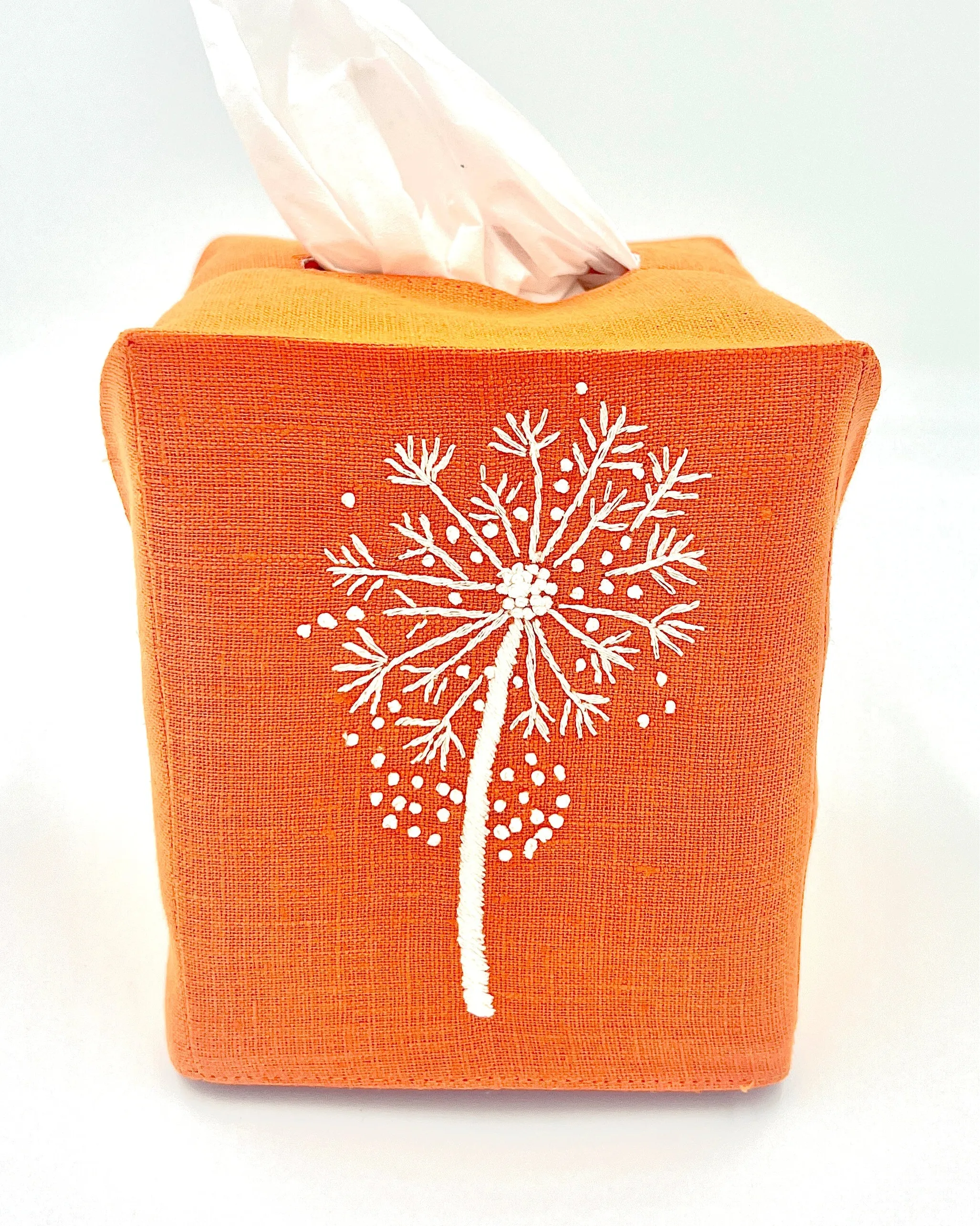 "Botanicals" Tissue Box Cover, hand embroidered linen