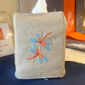 "Botanicals" Tissue Box Cover, hand embroidered linen