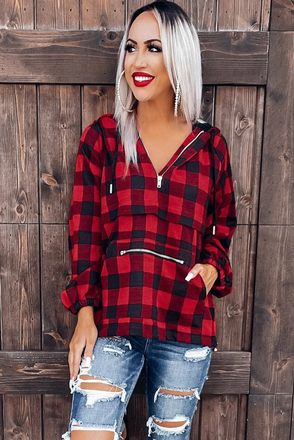 Red Buffalo Plaid Zipped Front Pocketed Hoodie