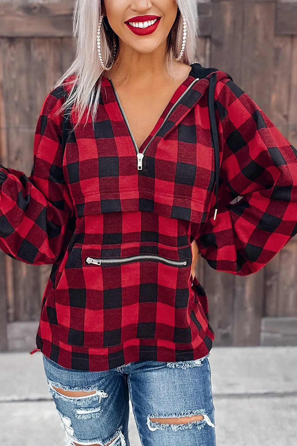 Red Buffalo Plaid Zipped Front Pocketed Hoodie
