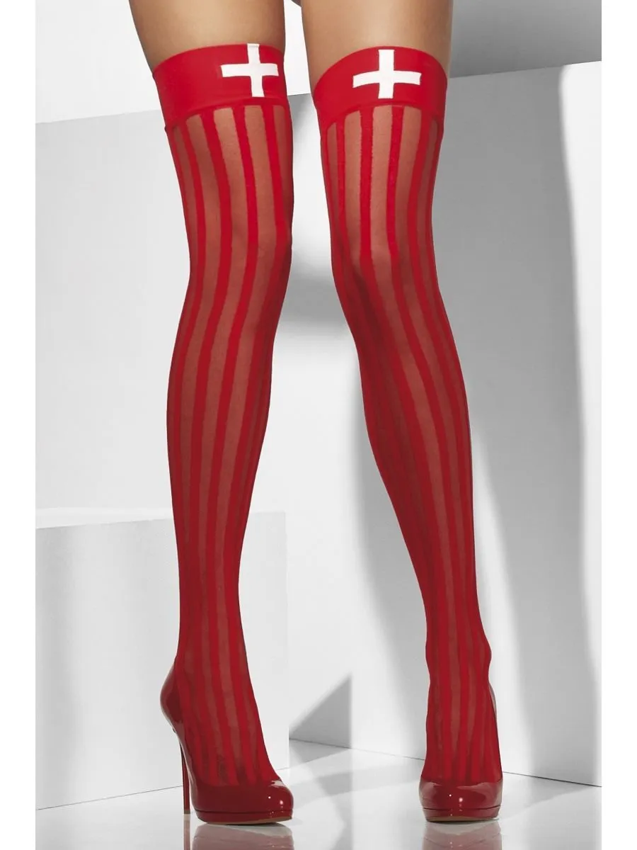 Red Sheer Hold-Ups with Vertical Stripes and Cross Print