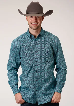 Roper Apparel Blue/Turquoise Print Button-Down Shirt for Men