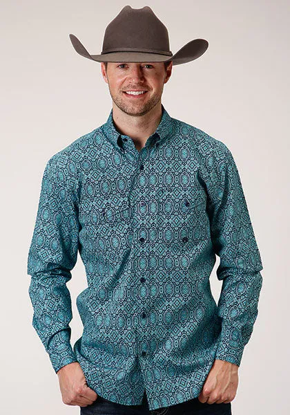 Roper Apparel Blue/Turquoise Print Button-Down Shirt for Men
