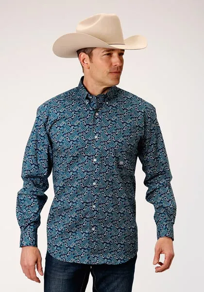 Roper Apparel Teal Paisley Print Button-Down Shirt for Men
