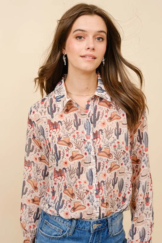 Sage Western Print Chiffon Button Up Blouse
