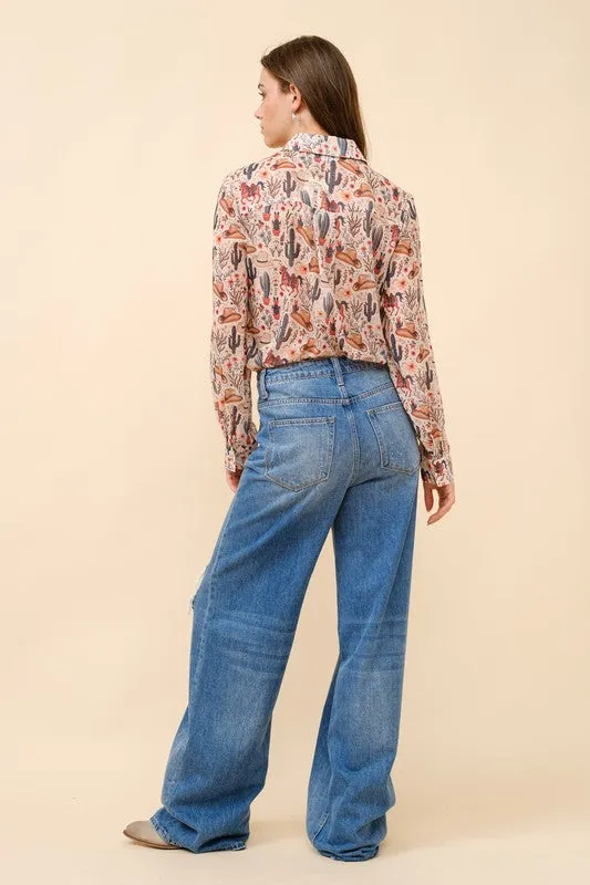 Sage Western Print Chiffon Button Up Blouse