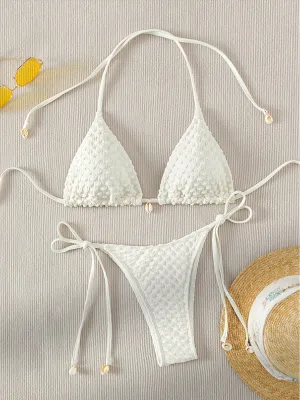 Sexy Solid Color White Textured Two-Piece Bikini Set for Women - Backless Halter Tie Design, Fashionable Simple Swimwear with Adjustable Straps and Ruffled Trim - Perfect for Summer Beach Vacation and Pool Party