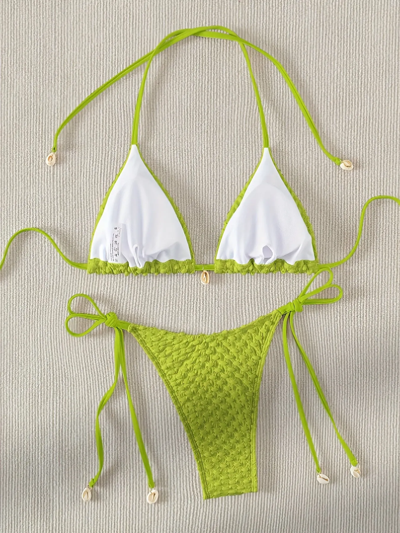 Sexy Solid Color White Textured Two-Piece Bikini Set for Women - Backless Halter Tie Design, Fashionable Simple Swimwear with Adjustable Straps and Ruffled Trim - Perfect for Summer Beach Vacation and Pool Party